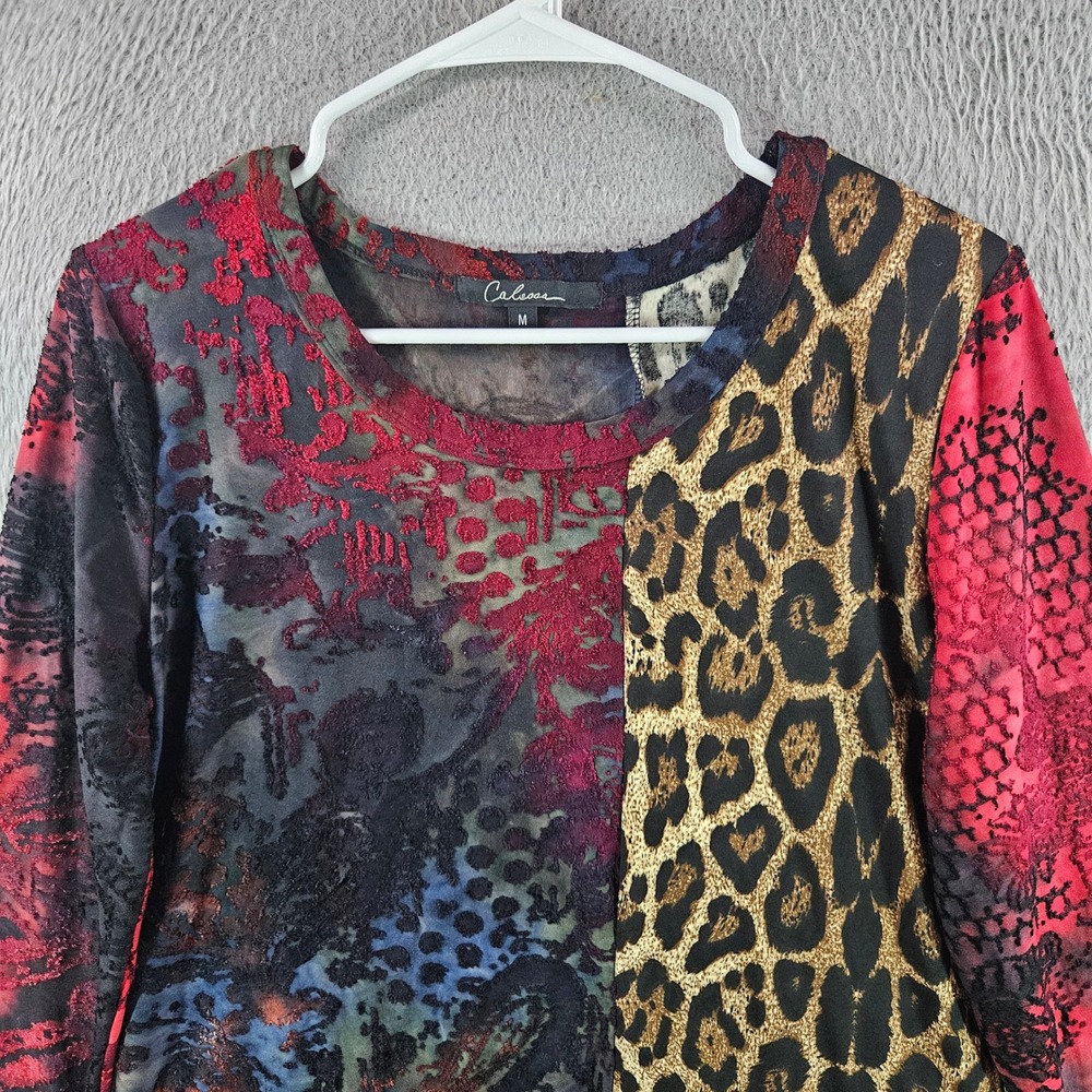 Caleesa Womens Mixed Media Patchwork Tunic Top Leopard Burnout Velvet Red Size M - Picture 3 of 9
